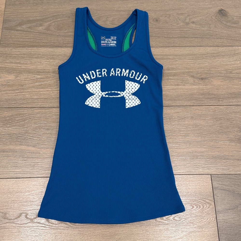 UNDER ARMOUR Blue Green Heatgear Fitted Ribbed Active Workout Tank Top‎ Size XS